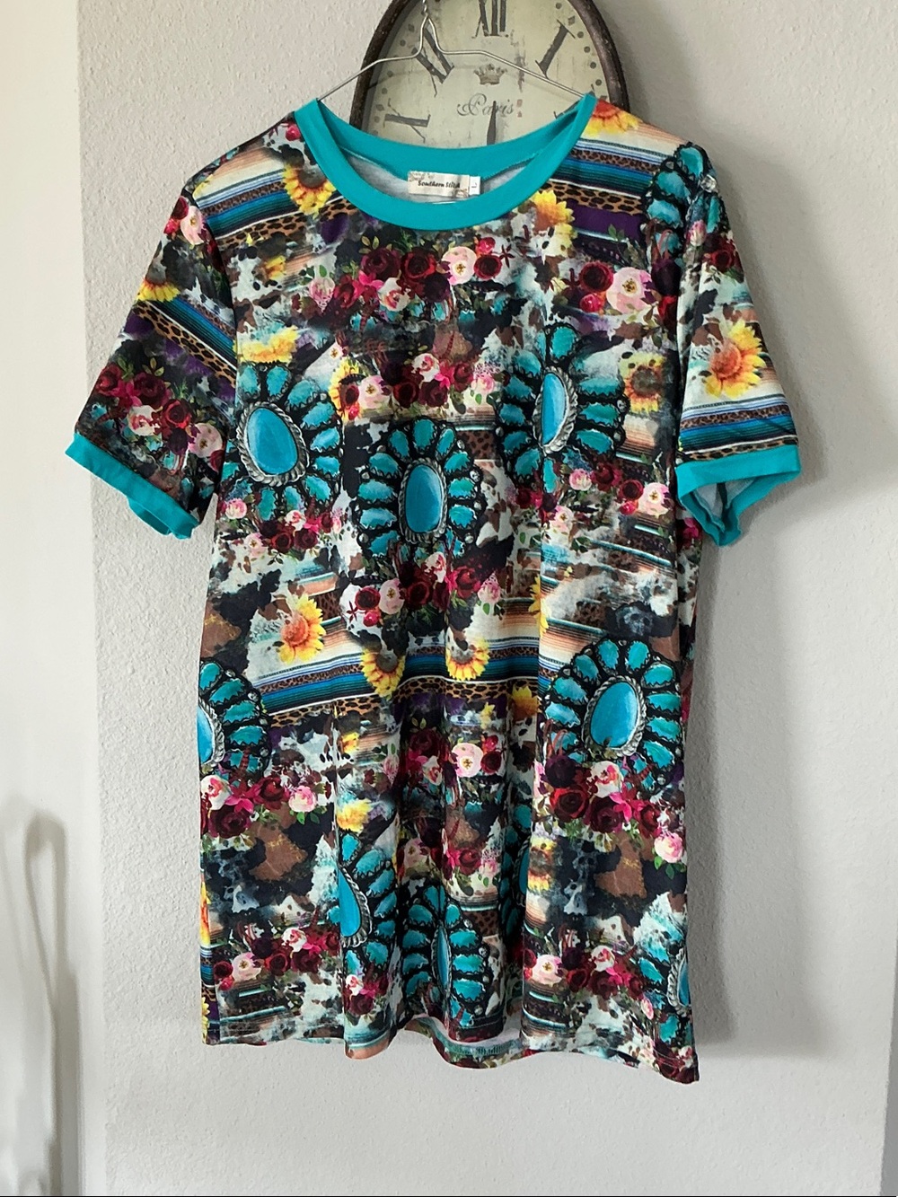 Women’s Turquoise Floral Graphic Short Sleeve Tee - Unbranded